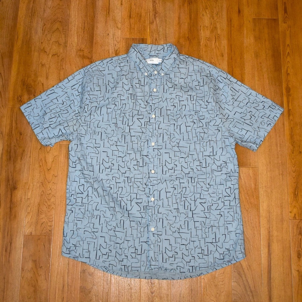 Onia Button Down Shirt Mens XL Blue Linen Blend Short Sleeve Geometric Print